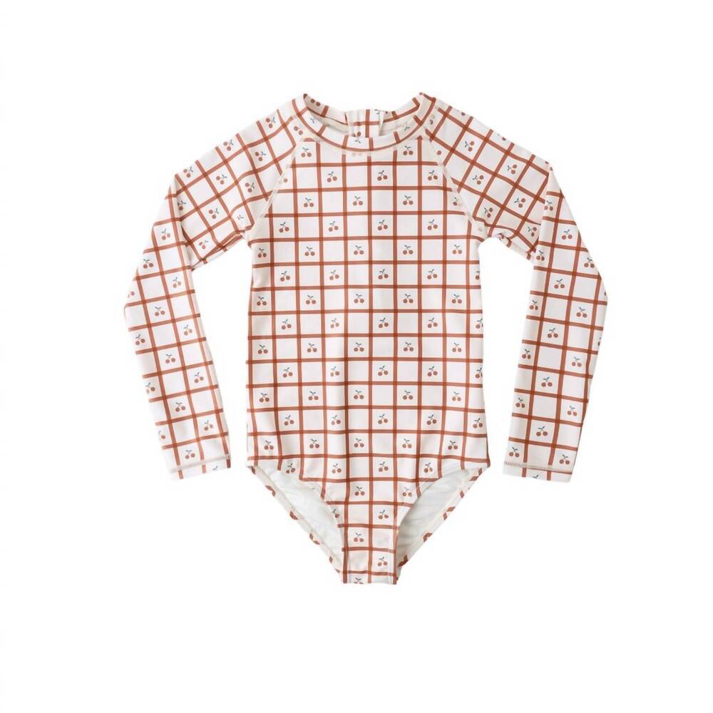 NEW RYLEE + CRU girls delphine rashguard one piece in cherry check